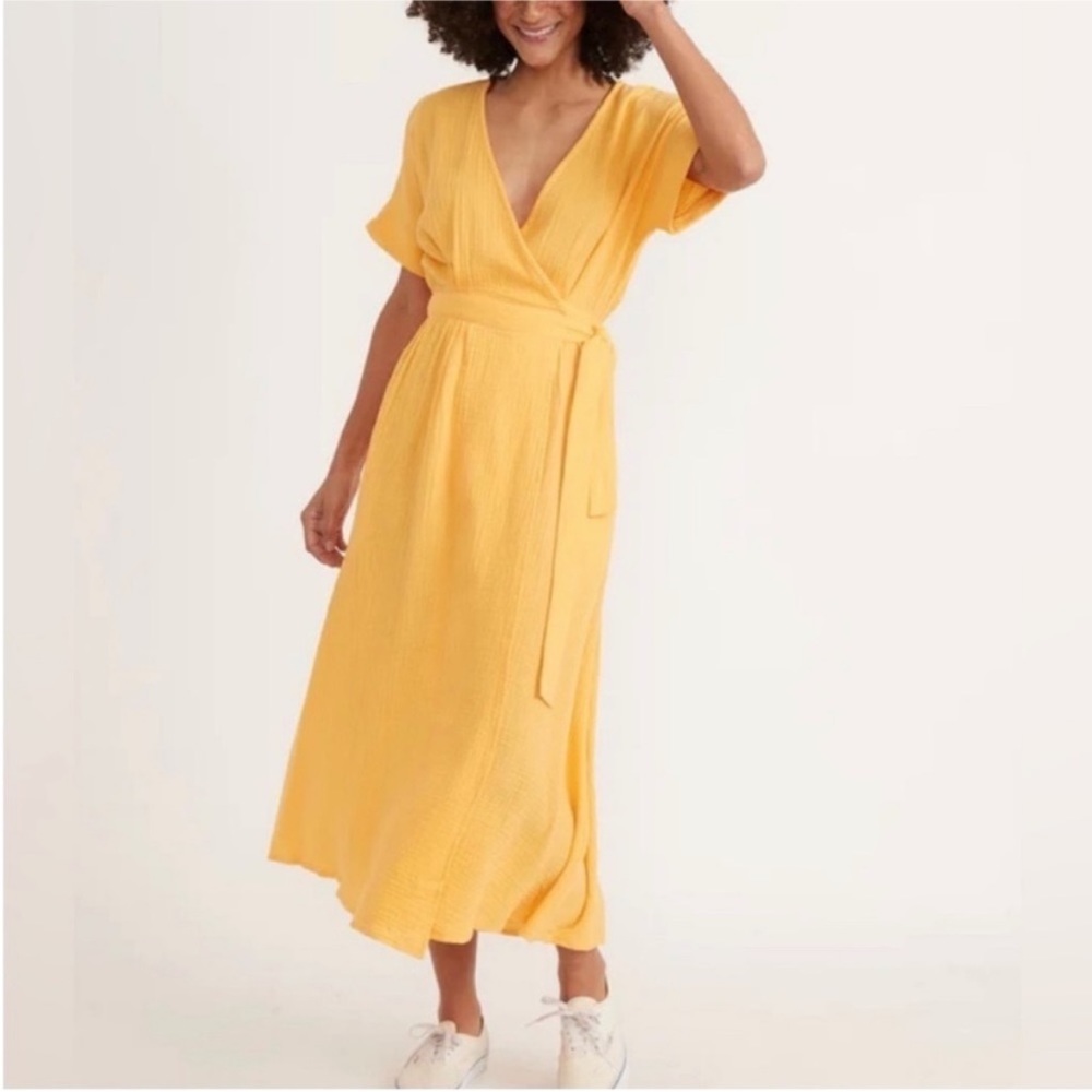Marine Layer Dress Midi Yellow Wrap Casual Summer Gauzey Cotton Golden Medium